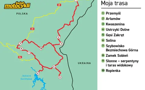 Mapa motocyklowej trasy przez Polskę, z zaznaczonymi punktami takimi jak Ustrzyki Dolne, Jezioro Solińskie i serpentyny w Słonne.