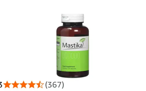 Butelka suplementu diety Mastika, 250mg 120 kapsułek. Mastika na co? Na problemy z żołądkiem.