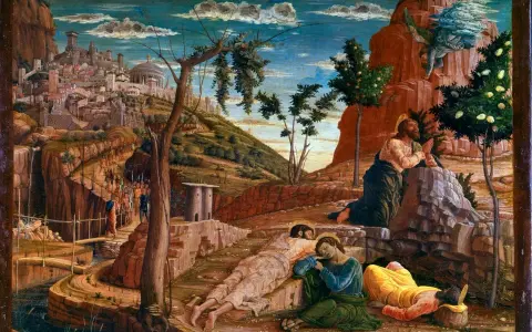 Jesus im Garten Gethsemane betet, während seine Jünger schlafen. Eine Engelsgestalt erscheint. Im Hintergrund eine Stadt.