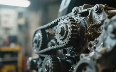 Primer plano de un motor con la correa de distribución rota, cubierto de aceite.