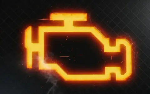 Die Motorleuchte leuchtet orange und zeigt ein Warnsymbol. Rauch und Funken deuten auf ein Problem hin.