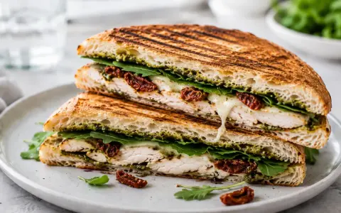 Pyszne panini z kurczakiem, rukolą, suszonymi pomidorami i pesto. Idealny przepis na szybki obiad.