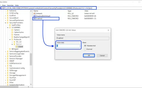 Registry Editor shows how to disable TLS 1.3 by changing the "Enabled" value data to 0.