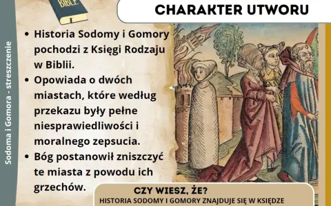 Historia Sodomy i Gomory, streszczenie z Biblii, opowiada o zniszczeniu grzesznych miast. Ilustracja przedstawia biblijną scenę.