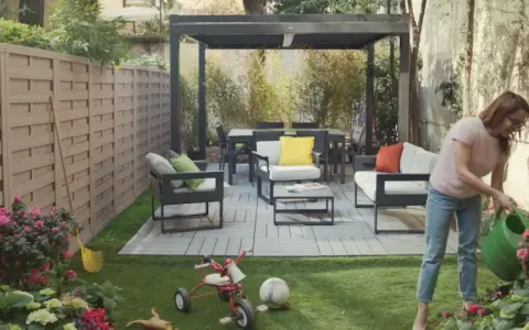 Donna annaffia fiori in un giardino con mobili moderni e un triciclo, un esempio di giardino idee originali.