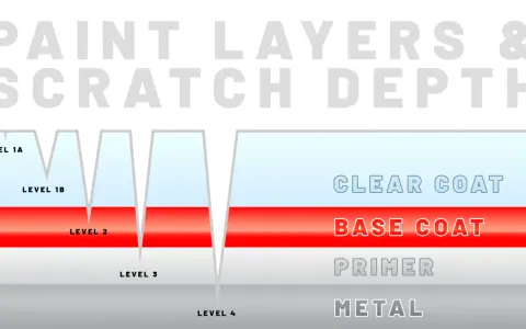 Diagram showing paint layers (clear coat, base coat, primer, metal) and scratch depths, illustrating how superficial scratches only affect the clear coat.