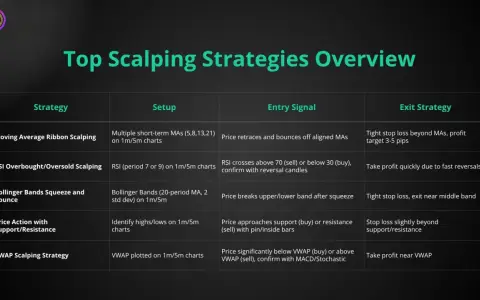 Tabela porównująca strategie scalpingowe: scalping co to, setup, sygnał wejścia i wyjścia.