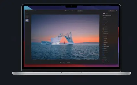 Edycja zdjęcia lodowca z żaglówką w programie Luminar Neo. Widok ekranu laptopa z interfejsem programu.