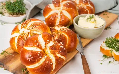 Frisch gebackene laugen knoten mit Sesam und grobem Salz, dazu Butter und Kresse.