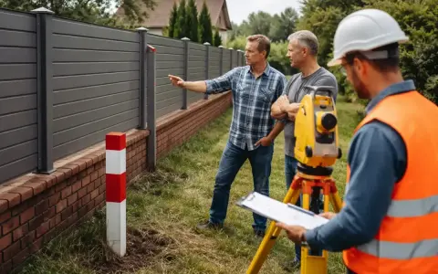 Geodeta mierzy teren, gdzie sąsiad postawił płot na mojej działce.