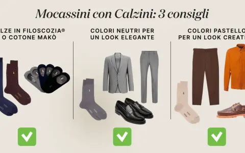 Consigli per abbinare mocassini con calze: filati pregiati, colori neutri per eleganza, pastello per creatività.