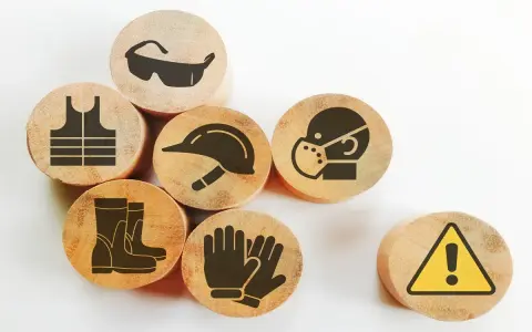Drewniane krążki z symbolami ochrony: kamizelka, okulary, kask, maska, rękawice, buty i znak ostrzegawczy. Zapobiegają chorobie zawodowej.