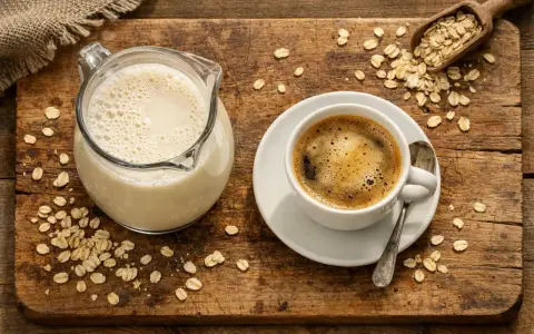 Kaffee mit Hafermilch: eine köstliche Kombination. Die Kalorien sind gering, perfekt für einen gesunden Start in den Tag.