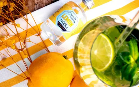 Erfrischende Vodka Cocktails mit Zitrone, Minze und Limette. Eine kleine Flasche Lemon Wodka liegt neben frischen Zitronen und gelben Blumen.