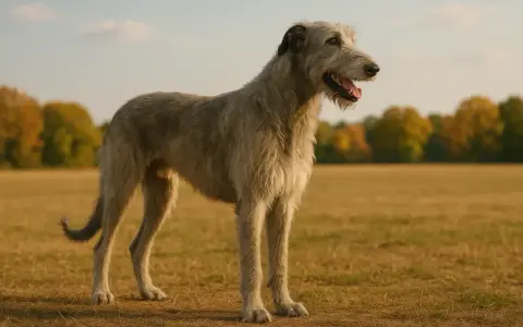Un majestueux chien irlandais grand, au pelage gris, se tient dans un champ doré sous un ciel bleu.