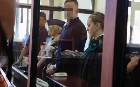Osoba w kajdankach, prawniczka i policjanci w sali sądowej.