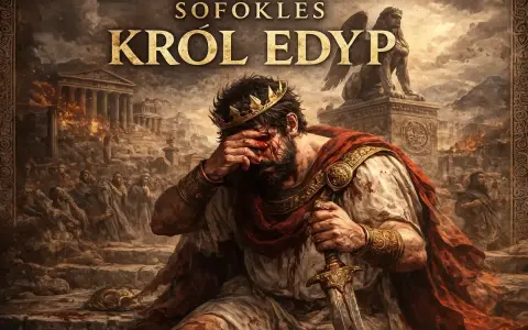 Król Edyp z koroną i mieczem, zakrywający oczy, na tle płonącego miasta i sfinksa.