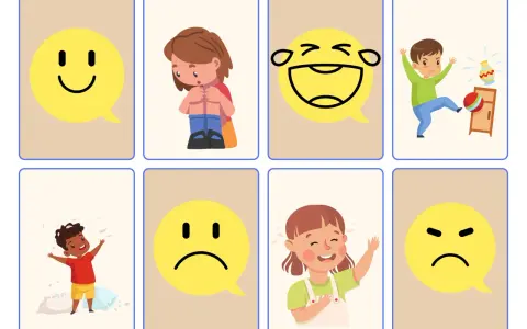 Zestaw kart do nauki emocji dla dzieci: uśmiechnięta buźka, smutne dziecko, śmiejąca się buźka, zły chłopiec, radosny chłopiec, smutna buźka, płacząca dziewczynka, zła buźka.