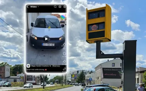 Jak wypełnić mandat z fotoradaru wzór? Na filmie biały bus, fotoradar i droga.