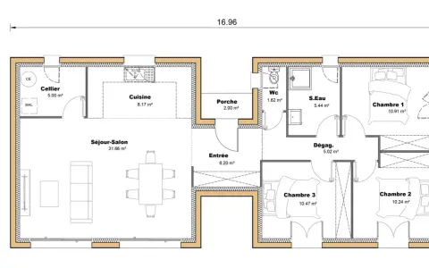 Plan de maison avec séjour, cuisine, 3 chambres, cellier, S.Eau, WC. Idéal pour construire sa maison com plan.