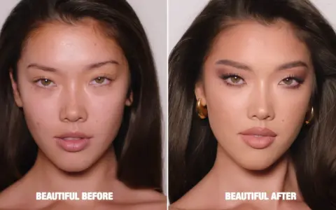 Vorher/Nachher-Vergleich: Natürliches Gesicht verwandelt sich in ein glamouröses 90er Make-up mit Smokey Eyes und matten Lippen.