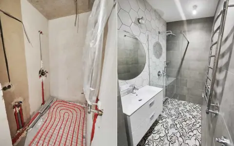 Łazienka przed i po remoncie. Widoczna instalacja wodna i ogrzewanie podłogowe, a potem nowoczesna armatura, prysznic i umywalka.