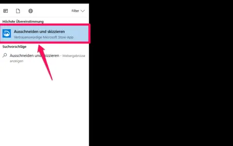 Windows Suche zeigt "Ausschneiden und skizzieren" als beste Übereinstimmung. Ein Pfeil deutet auf die App.
