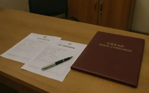 Akt urodzenia i okładka Urzędu Stanu Cywilnego na drewnianym biurku.