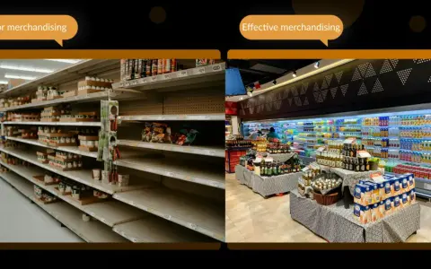 Dwa sklepy: jeden z pustymi półkami (słaby merchandising), drugi z pełnymi, atrakcyjnie ułożonymi produktami (efektywny merchandising).