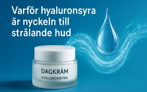 En burk dagkräm med texten "Hyaluronsyra" bredvid en stor vattendroppe. Texten på bilden lyder: "Varför hyaluronsyra är nyckeln till strålande hud.