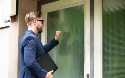 Mężczyzna w garniturze puka do drzwi, niosąc teczkę. Może to być wizyta komornika w sprawie alimentów, gdy dochód to najniższa krajowa.