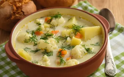 Aksamitna zupa kalafiorowa z ziemniakami i marchewką, posypana świeżym koperkiem, podana w glinianej misce obok chrupiących bułeczek.