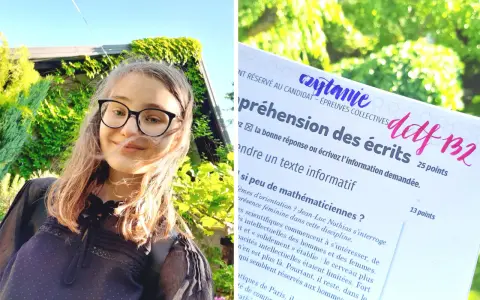 Uśmiechnięta dziewczyna w okularach na tle zieleni, obok fragment testu z napisem "delf B2".