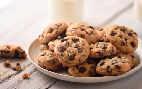 Une assiette de délicieux cookie fait maison, parsemés de pépites de chocolat, avec un verre de lait en arrière-plan.
