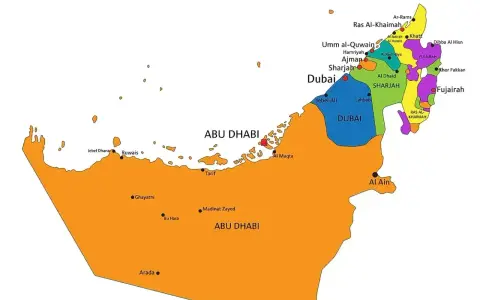 Mapa Zjednoczonych Emiratów Arabskich z zaznaczonymi regionami. Gdzie jest Dubaj? Widać go na niebiesko, obok Szardży i Abu Zabi.