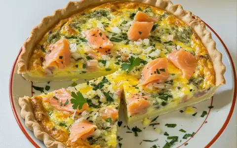 Une délicieuse quiche sans pâte grand-mère au saumon, oignons et persil, coupée en part.