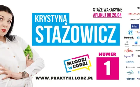 Kobieta z sałatą zastanawia się, co to staż. Reklama "Młodzi w Łodzi" z partnerami.