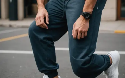 Mężczyzna w granatowych dresach i białych sneakersach. Pokazuje, jak podwinąć spodnie, by uzyskać modny wygląd.