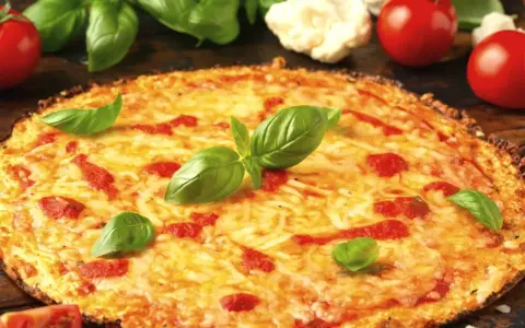 Pyszna pizza z kalafiora, z ciągnącym się serem i świeżą bazylią, otoczona pomidorami i różyczkami kalafiora.