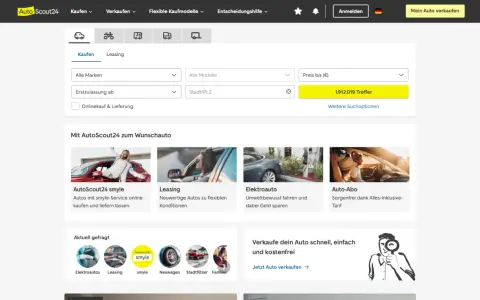 Niemieckie strony z autami: wyszukiwarka samochodów AutoScout24 z opcjami zakupu, leasingu i abonamentu.