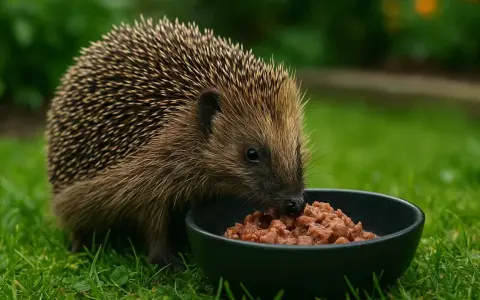 Jeż w ogrodzie zajada mokrą karmę z miseczki. Dowiedz się, czym karmić jeża w ogrodzie, by mu pomóc.