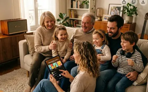Une famille rit en choisissant un style de musique sur une tablette, créant une ambiance joyeuse.