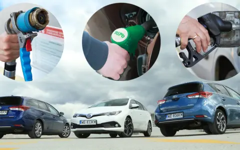 Tankowanie samochodów: pistolety do paliwa, w tym do diesla, i trzy auta Toyota Auris.