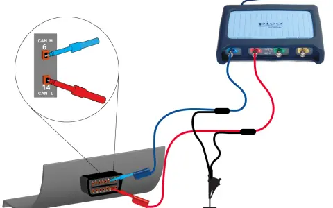 Schema di collegamento per analizzare il CAN bus con un oscilloscopio Pico. Si collega il CAN H (pin 6) e CAN L (pin 14) dell'OBD.