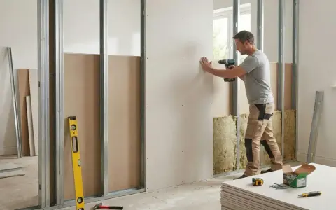 Un homme utilise une perceuse pour poser du placo sur une structure métallique. Des outils et des plaques de plâtre sont visibles.