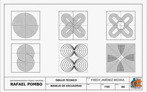 Dibujo técnico que demuestra el manejo de escuadras con diseños geométricos, incluyendo espirales y nudos.