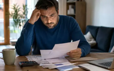 Zmartwiony mężczyzna analizuje dokumenty, być może związane z umorzeniem postępowania upadłościowego. Na stole leżą rachunki, kalkulator i laptop.