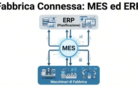 Schema che illustra la differenza tra pianificazione (ERP) e programmazione (MES) in una fabbrica connessa, con macchinari collegati.