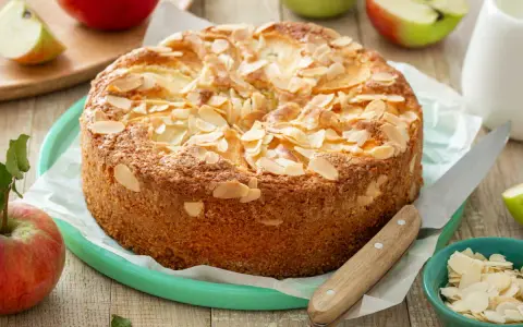 Un délicieux clafoutis aux pommes, parsemé d'amandes effilées, prêt à être dégusté. Une recette inspirée du carnet de Julie.