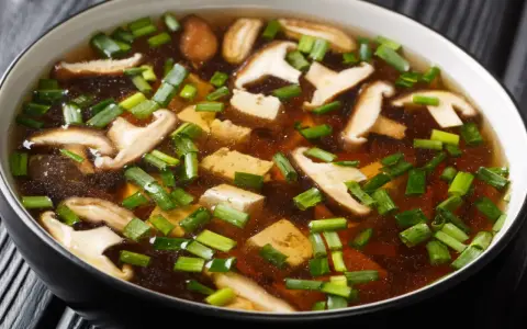 A miska zupy miso z kawałkami tofu, grzybami shiitake i szczypiorkiem.